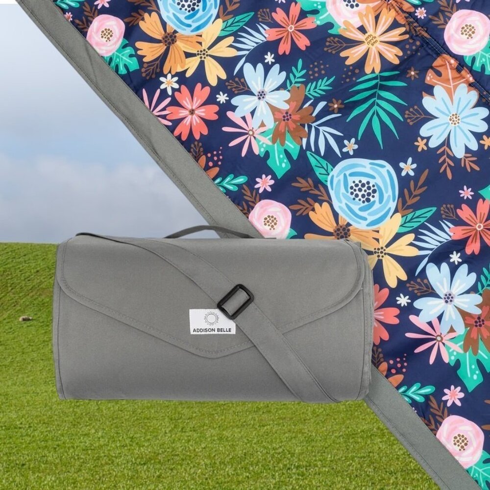 Addison Belle Outdoor Blanket for Girl in Gray/Floral Print 5x5' Picnic 60x60"